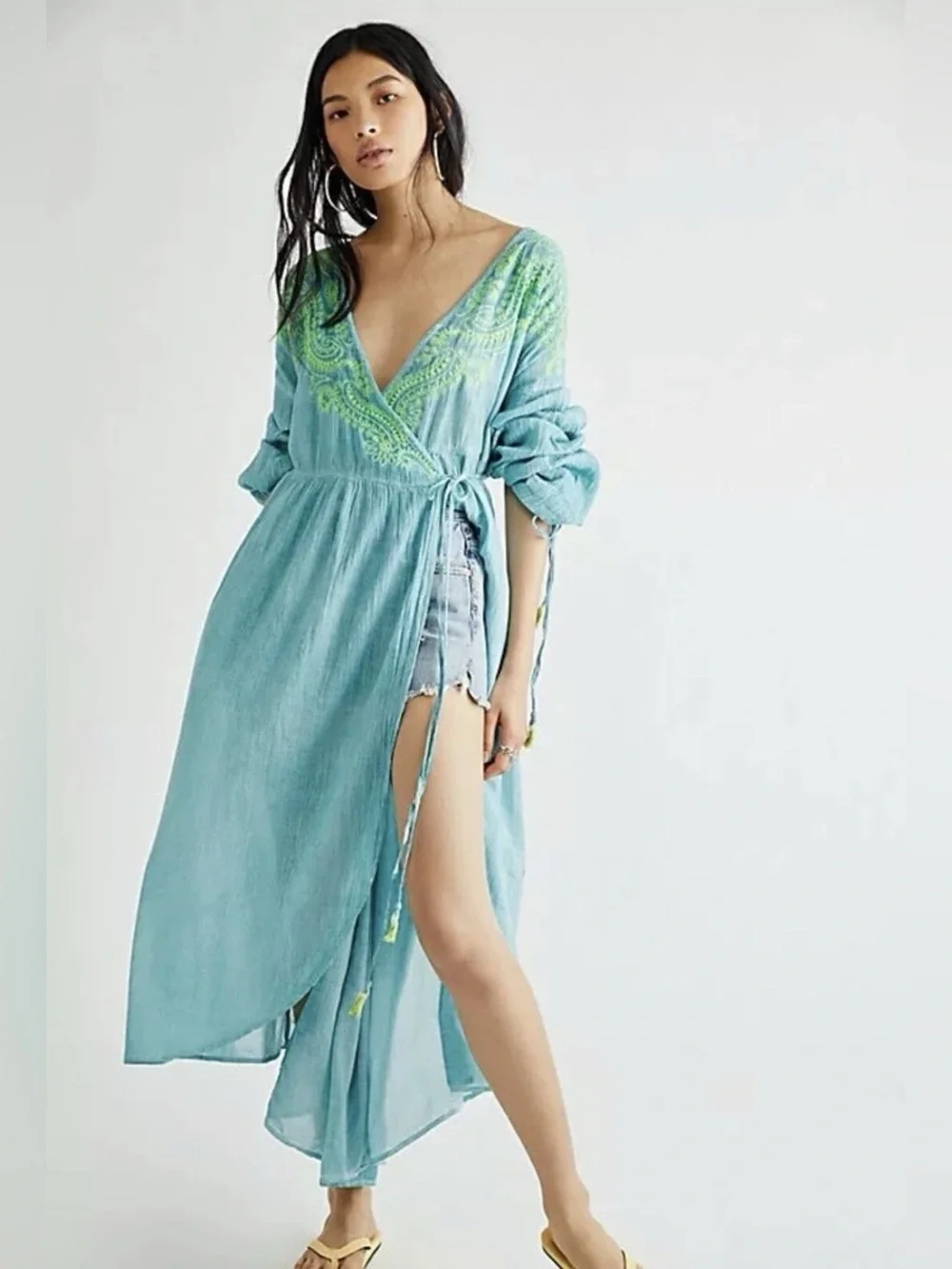 Free People Well Hello There Wrap Dress Beach Cover up Embroidered NWOT